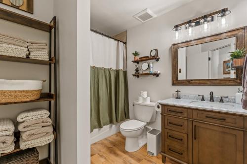 een badkamer met een toilet, een wastafel en een spiegel bij Ponderosa Pines Cabin in Mountainaire