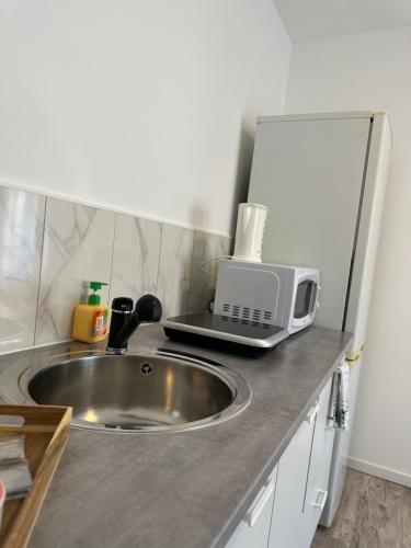 a kitchen counter with a sink and a microwave at La bulle du 4 in Épernay