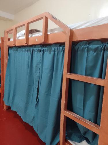 a bunk bed with blue curtains and a ladder at Angler's Hub & Resort Oslob in Oslob