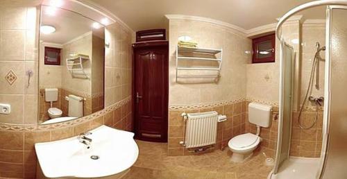 ジュラにあるLiszkai Apartmanのバスルーム(洗面台、トイレ、シャワー付)