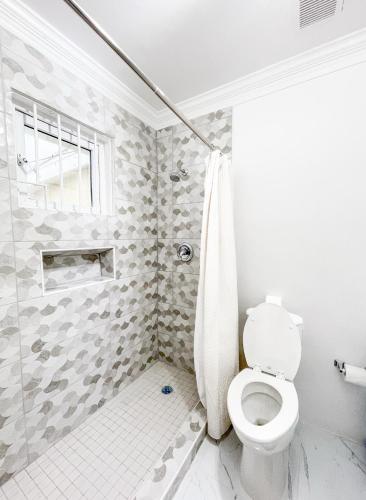a bathroom with a toilet and a shower at Golden Palms House in Nassau