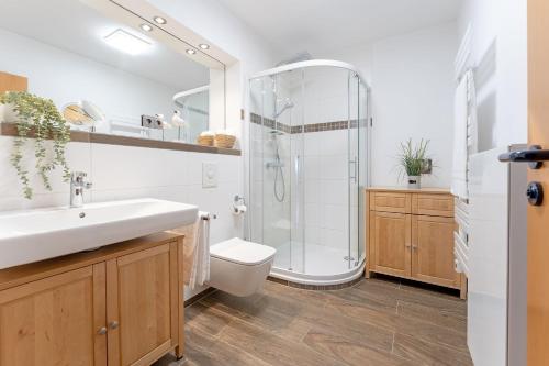a bathroom with a shower and a toilet and a sink at Am Hafen 2d Inselsonne 2 in Orth