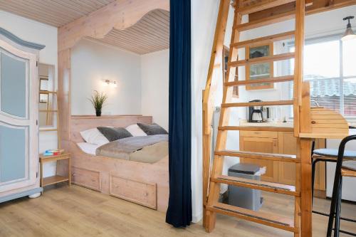 a bedroom with a bunk bed and a ladder at Lütt Drosselhörn 2 in Laboe