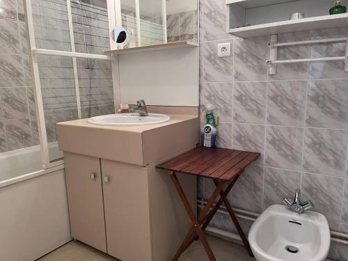 une salle de bain avec un lavabo et des toilettes dans l'établissement Charmant appartement au centre avec balcon et parking - FR-1-812-135, à Cauterets