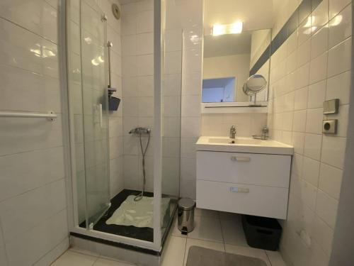 une salle de bain avec une douche en verre et un lavabo dans l'établissement Appartement 3 Pièces Moderne avec Loggia, 6 Personnes, Proche Plage - FR-1-750-82, à Canet