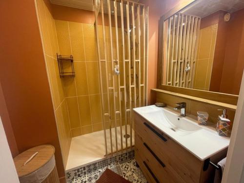 une salle de bain avec un lavabo et une douche dans l'établissement La Grande Motte: Appart. 4 pers, Clim, Garage, Proche Plage - FR-1-790-34, à La Grande Motte
