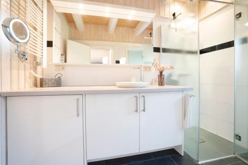 a bathroom with a white vanity and a shower at Twinhus Süssau in Süssau
