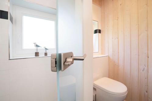 a bathroom with a toilet and a window at Twinhus Süssau in Süssau