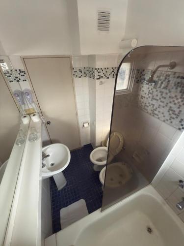 une salle de bains avec douche, toilettes et lavabo dans l'établissement Aires del Libertador - Alquiler Temporario en Centro San Francisco, à San Francisco