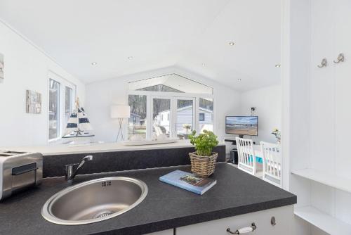 a kitchen counter with a sink and a window at Ferienhäuser Lübecker Bucht Ferienhaus Beachcomber in Stubbenberg