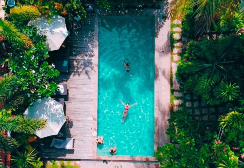 an overhead view of people swimming in the water with umbrellas at Angkor Home 27 in Phumĭ Réach Born