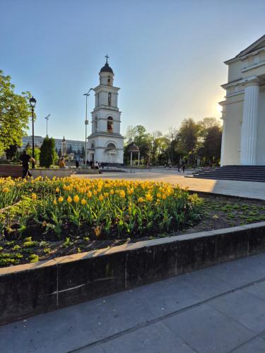a clock tower in a park with flowers in front at Cathedral Park Medium Apartment in Chişinău