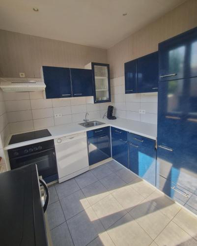 une cuisine avec des armoires bleues et un évier dans l'établissement Lauch & Bretzel, à Colmar