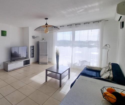 un salon avec un canapé, une télévision et une table dans l'établissement Chambre chez l'habitant, à Marseillan