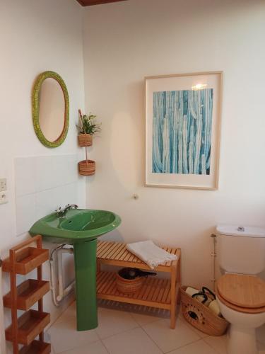 une salle de bain avec un lavabo vert et des toilettes dans l'établissement Eole, à Lacanau-Océan