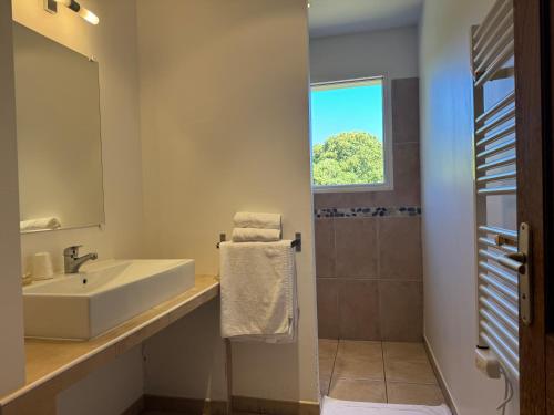 a bathroom with a sink and a shower at Le Ruone in Calcatoggio