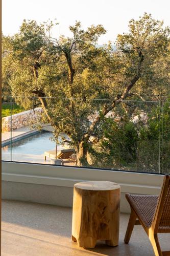a tree stump sitting in front of a window at Botanico Villa & Suites in Specchiolla 