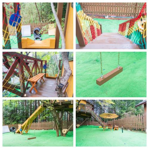 a collage of four pictures of a playground at 小路裏園 Kojiuraen in Kannami