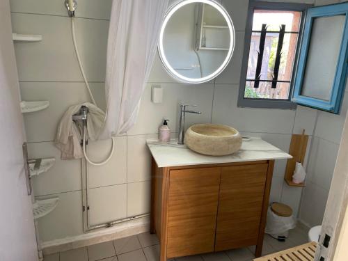 a bathroom with a sink and a shower and a mirror at MAS Chalet 6 7persClimPiscineJardin in Le Barcarès