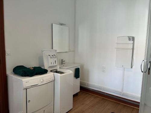 a small white kitchen with a stove and a sink at Hébergement Langogne in Langogne