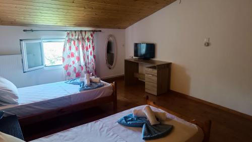 a bedroom with two beds and a tv and a window at Lyra's house in Skiathos Town
