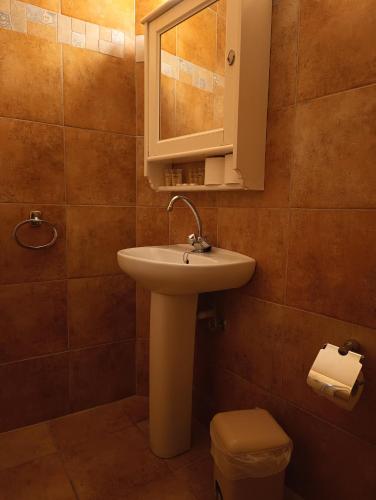 a bathroom with a sink and a mirror and a toilet at Anesis Hotel in Loutra Edipsou