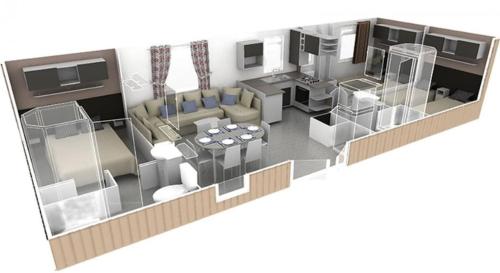 - un plan d'étage avec un salon dans l'établissement MobilHome climatisé 3 chambres 2 salles de bain, camping 4 étoiles, Les Charmettes, aux Mathes