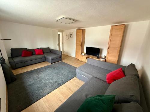 a living room with a gray couch and red pillows at Ferienhaus Natur Pur in Kraiburg am Inn