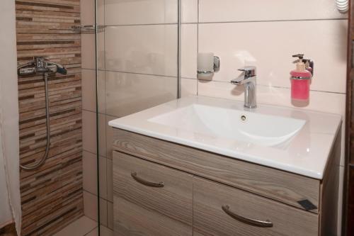 a bathroom with a white sink and a shower at Argo Rooms-Papadakis in Kissamos