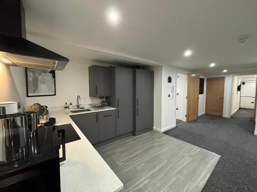 a kitchen with gray cabinets and a black appliances at CroftCabin in Wolverhampton