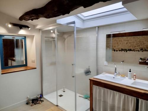 une salle de bain avec douche et lavabo dans l'établissement Suite familiale Namaste, à Rouvre