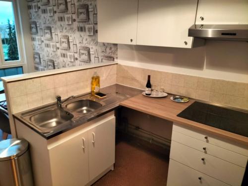 une cuisine avec un évier et un plan de travail dans l'établissement Pearl of Amiens center, Train station, Parking, à Amiens