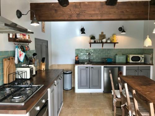 une cuisine avec une cuisinière et un comptoir dans l'établissement Maison Rocher, à Ségur-le-Château