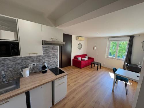 Il comprend une cuisine et un salon avec un canapé rouge. dans l'établissement STUDIO CASSIN - next to tramway line 2 near airport, à Nice