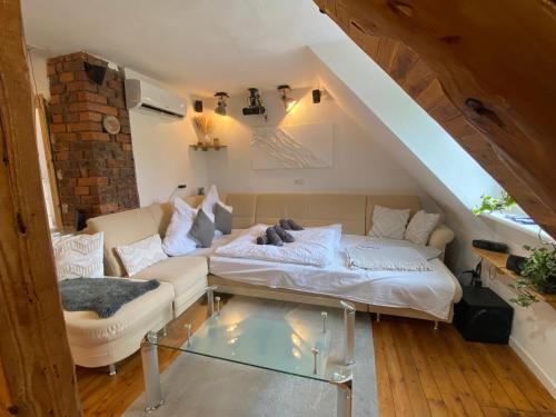 a living room with a couch and a glass table at gemütliche rustikale Wohnung mit Kamin und optionalem Whirlpool in Bad Sobernheim