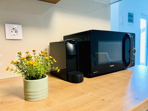a microwave sitting on a counter next to a vase with flowers at Apartmani AViS in Selce