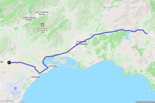 a map of a road with a blue trail at Grand Studio & Terrasse Privée in Hyères