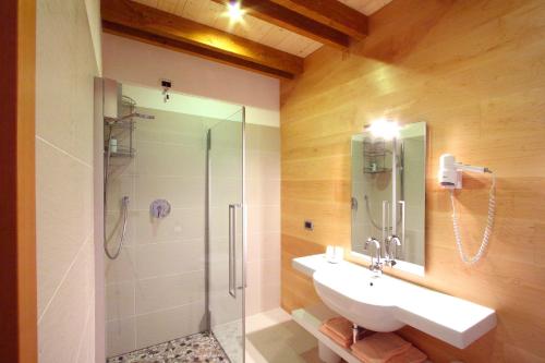 a bathroom with a sink and a glass shower at Affittacamere Alle Trote in Sùtrio