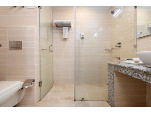 a bathroom with a shower and a toilet and a sink at Hotel Shiva Sanctuary by DLS Hotels, McLeod Ganj in Dharamshala