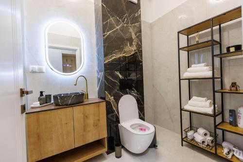 a bathroom with a toilet and a sink at ApartButterfly in Baia Mare