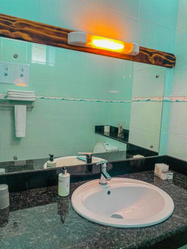 a bathroom with a sink and a large mirror at Divers Lodge Guest House in Beau Vallon