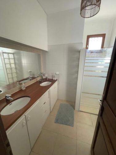 une salle de bain avec deux lavabos et un miroir dans l'établissement Villa Impressionniste, à Montpellier