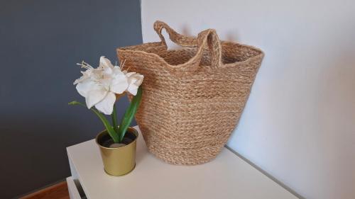 two bags sitting on a table with a vase with flowers at Villa Vargas Paraiso in Carrizal