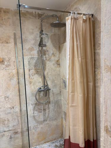 une douche avec un rideau de douche dans une salle de bain dans l'établissement Cosy Sarlat, à Sarlat-la-Canéda