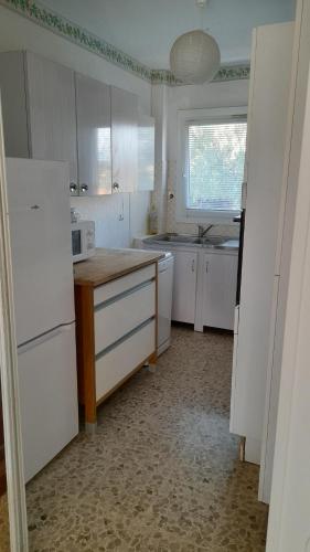 La cuisine est équipée d'un réfrigérateur blanc et d'un four micro-ondes. dans l'établissement Appart FABREGAS 200M DE LA PLAGE, à La Seyne-sur-Mer