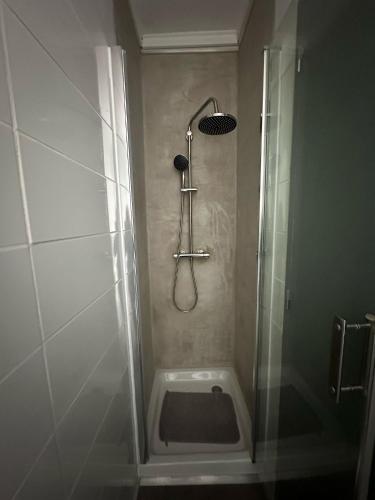 une cabine de douche dans une salle de bain avec douche dans l'établissement Maison de ville centrale, à Vierzon
