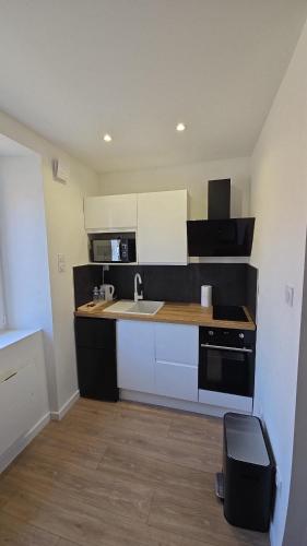 une petite cuisine avec un évier et une cuisinière dans l'établissement Joli Studio plein centre ville, à Morteau