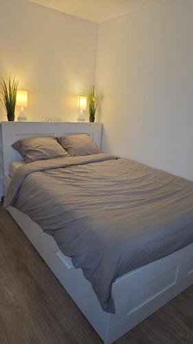 - un grand lit blanc dans une chambre avec deux lampes dans l'établissement Joli Studio plein centre ville, à Morteau