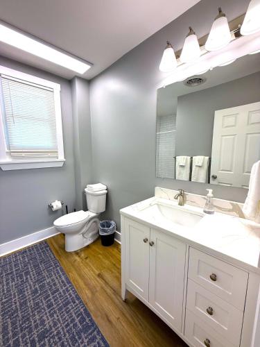 a bathroom with a sink and a toilet and a mirror at Cozy Walk up King Bed fast WiFi in Wilmington