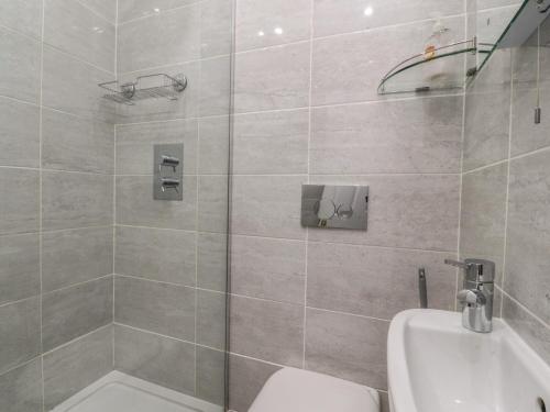 a bathroom with a shower with a toilet and a sink at 2 Riverside Walk in Airton